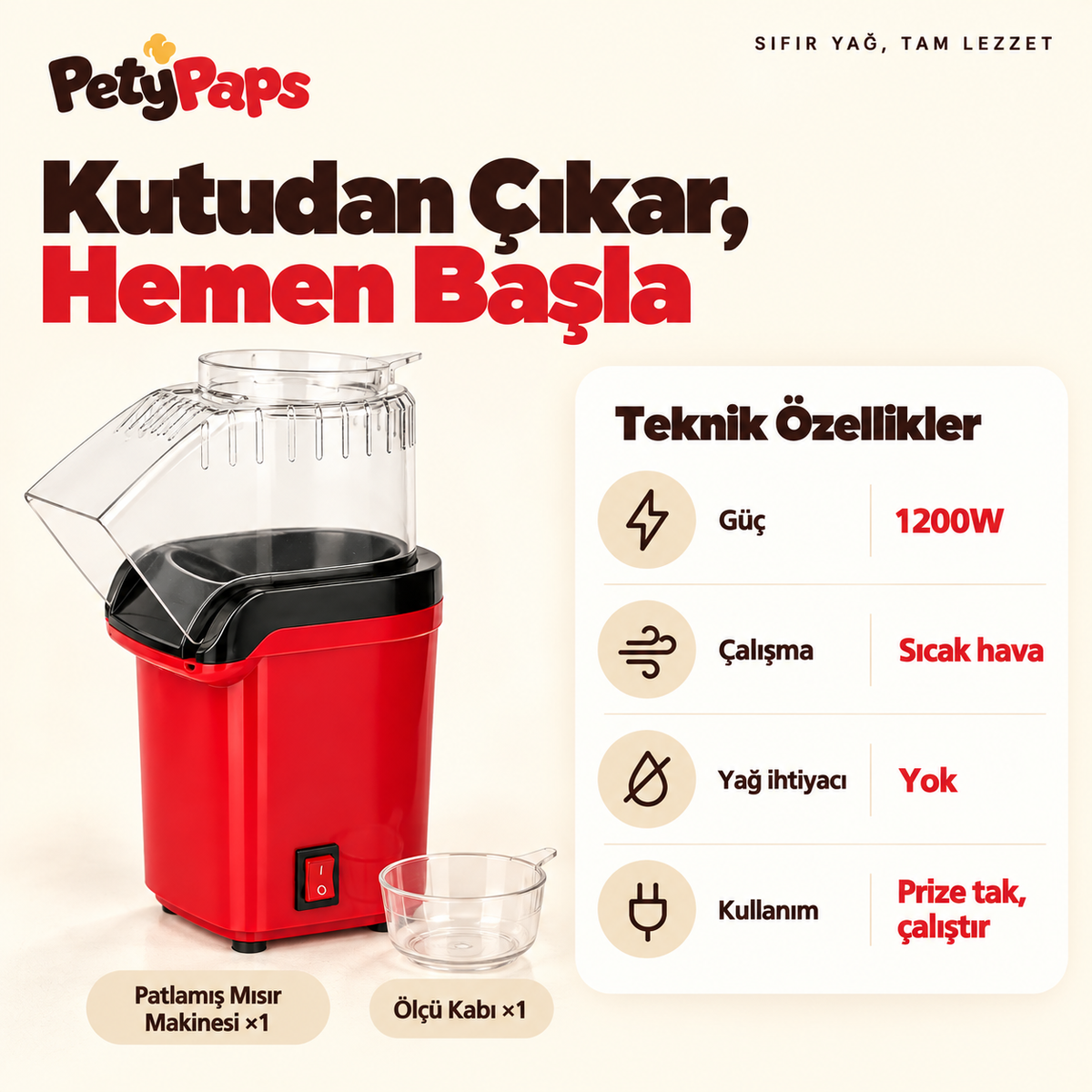 PetyPaps Yağsız Patlamış Mısır Makinesi